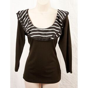 Brown Cream Stripe Ruffle Knit Top Blouse Shirt